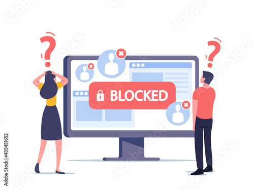 Tiny Male and Female Characters at Huge Computer Monitor Surprised with Blocked Account on Screen. Hacker Cyber Attack