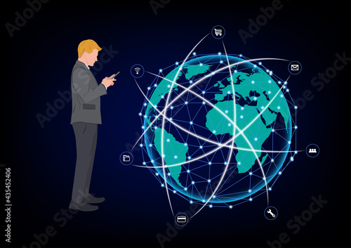 Businessman standing and using smartphone for connection technology, concept using smartphone for connection to Global network connection