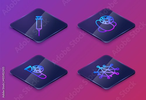 Set Isometric line Syringe, Test tube with virus, Runny nose and and Virus. Blue square button. Vector