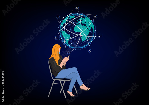 Businesswoman siting on chair and using smartphone for connection technology, concept using smartphone for connection to Global network connection