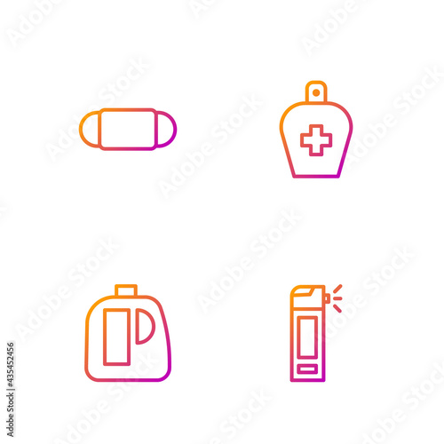 Set line Bottle with nozzle spray, Bottles for cleaning agent, Medical protective mask and of liquid antibacterial soap. Gradient color icons. Vector