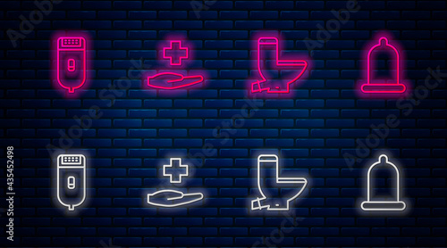 Set line Cross hospital medical, Toilet bowl, Electrical hair clipper or shaver and Condom. Glowing neon icon on brick wall. Vector