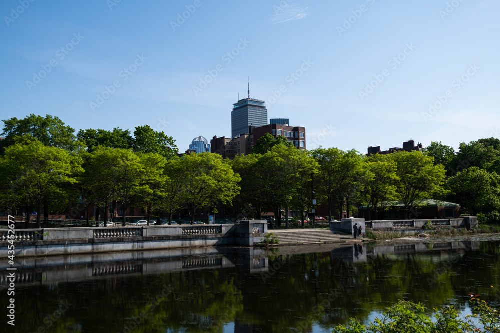 Prudential Center in downtown Boston, view from the Charles River esplanade.