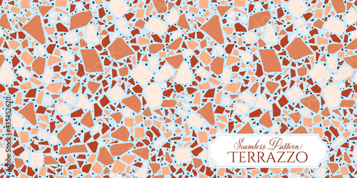 Terrazzo broken tile floor texture seamless pattern, vector abstract background with chaotic mosaic pieces, composed of natural stone, marble, glass, and concrete imitations.