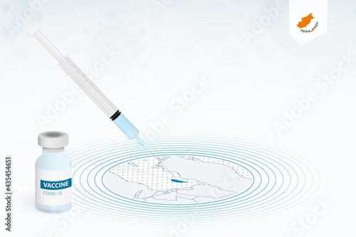 COVID-19 vaccination in Cyprus, coronavirus vaccination illustration with vaccine bottle and syringe injection in map of Cyprus.