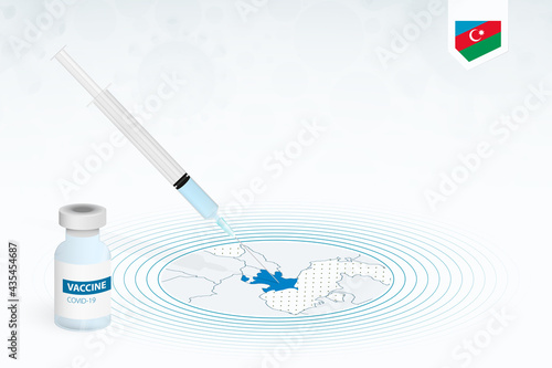 COVID-19 vaccination in Azerbaijan, coronavirus vaccination illustration with vaccine bottle and syringe injection in map of Azerbaijan.