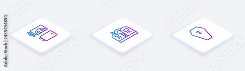 Set Isometric line Crematorium, Grave with tombstone and Coffin cross. White square button. Vector