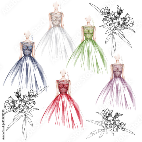 Vector hand drawn styled painted set of wedding dresses in different colors fashion illustration runway vogue 