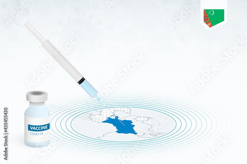 COVID-19 vaccination in Turkmenistan, coronavirus vaccination illustration with vaccine bottle and syringe injection in map of Turkmenistan.