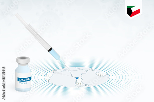 COVID-19 vaccination in Kuwait, coronavirus vaccination illustration with vaccine bottle and syringe injection in map of Kuwait.