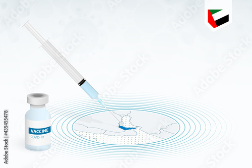 COVID-19 vaccination in United Arab Emirates, coronavirus vaccination illustration with vaccine bottle and syringe injection in map of United Arab Emirates.