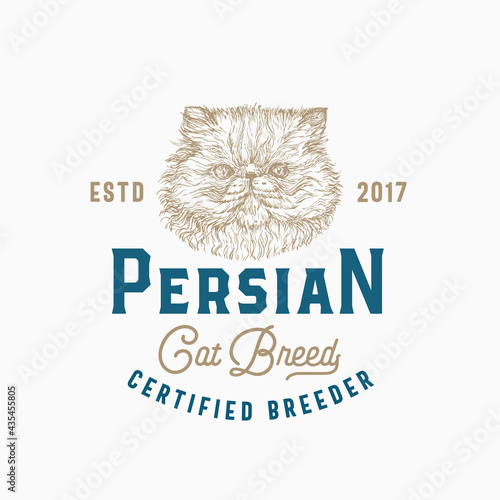 Cat Breeder Badge or Logo Template. Hand Drawn Persian Breed Face Sketch with Retro Typography. Vintage Premium Emblem. Isolated