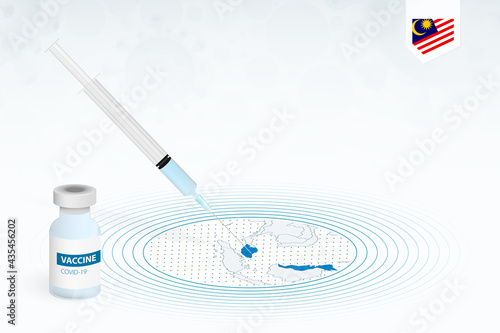 COVID-19 vaccination in Malaysia, coronavirus vaccination illustration with vaccine bottle and syringe injection in map of Malaysia.