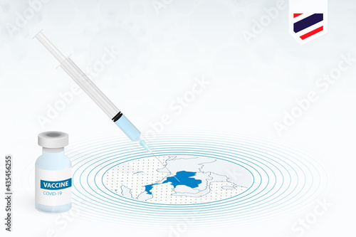 COVID-19 vaccination in Thailand, coronavirus vaccination illustration with vaccine bottle and syringe injection in map of Thailand.