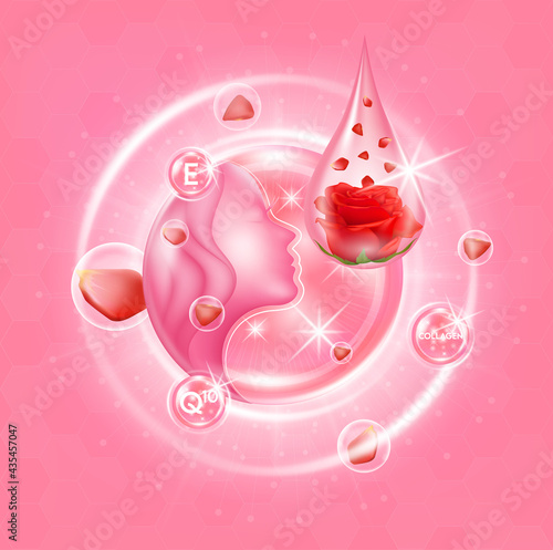 Rose collagen and vitamin serum extracted. Realistic flower natural organic cosmetic. Beauty cosmetic product. 3D Vector EPS10 illustration