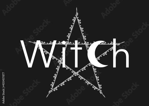 Fototapeta white line art witchcraft and magic print pentacle with text witch, vector isolated on a black background