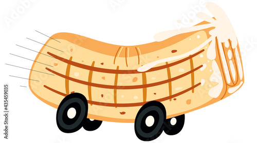 Shawarma delivery to your home. Lavash with meat on wheels on a white background. Stock vector illustration with flying shawarma.