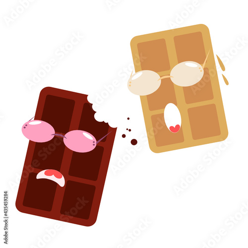 Cartoon chocolate. White chocolate is horrified by the fact that dark chocolate is nibbled. Chocolate bars in sunglasses. Isolated. Vector illustration