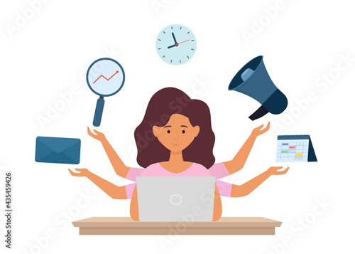 Multitasking and time management concept.  Multi tasks office manager working on laptop. Vector illustration isolated on white background.