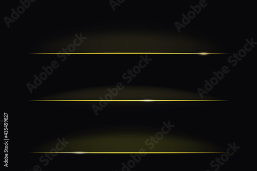 Vector set of 3 different light lines. Gold bright borders isolated on the dark background. It can be used as a decorative design element or divider. EPS10 file.
