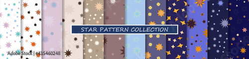Star pattern set. 12 seamless repeating space background with different cosmic flashes in the sky, for baby, kid, child. For textiles, fabrics and printing. Packaging design, wrapping paper. Vector