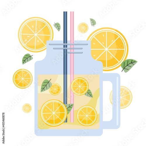 Vector flat lemonade illustration for prints. Fresh lemonade in a jar with lemon slices.
