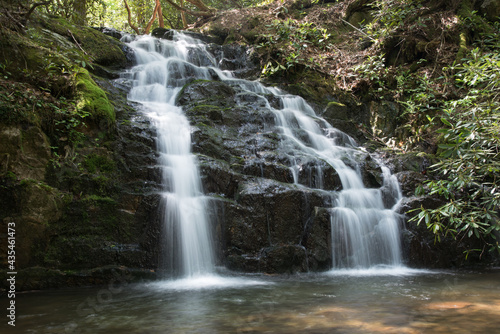 Lush green forest canopy encompassing a beautiful mountain waterfall in the Appalachian mountains of East Tennessee.  Twenty foot drop.  Long exposure.  Horizonal view.