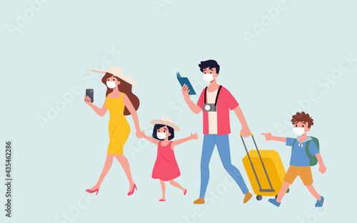 The happy family start to travel around the world with wearing masks to protect themselves from the Corona, Covid-19 virus. A new beginning of tourism in the new normal era.