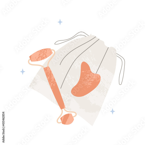Jade stone face roll. Facial massage roller, quartz guasha. Bathroom accessory, bath item. Beauty products for face care. Skin care, cosmetics. Vector flat cartoon illustration