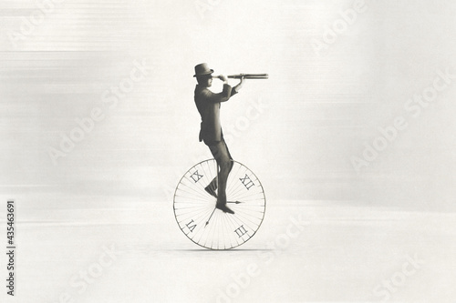 illustration of hurry classic businessman riding an antique clock to get on time to work, time and space concept photo