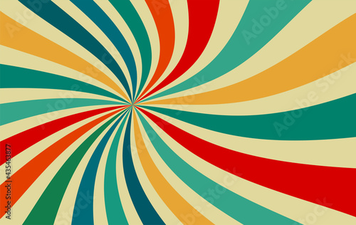 Colorful sunburst background, swirled stripes of blue green red orange and yellow colors on light beige or white background, groovy retro or vintage hippy design in fun pattern, abstract starburst © Arlenta Apostrophe