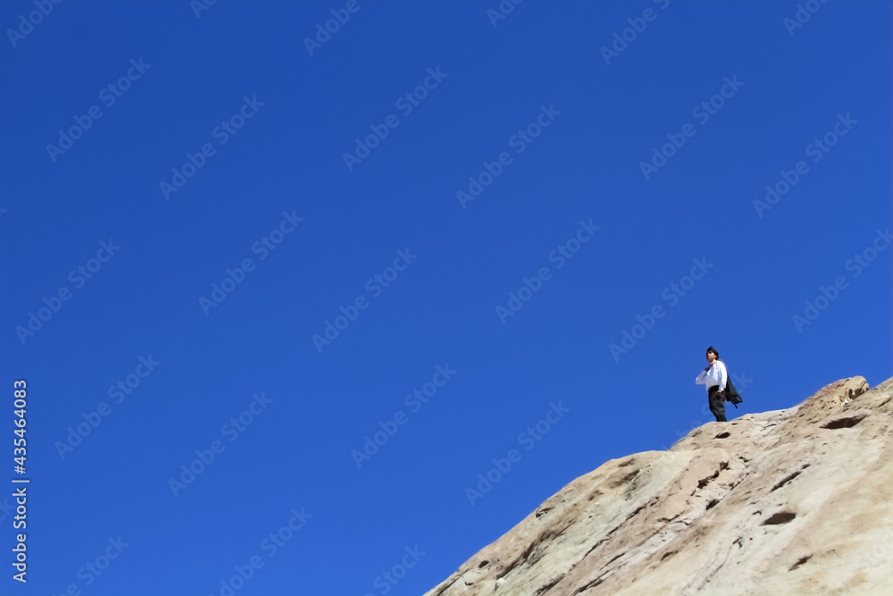 Young businessman standing on a huge rock Young businessman standing on a huge rock