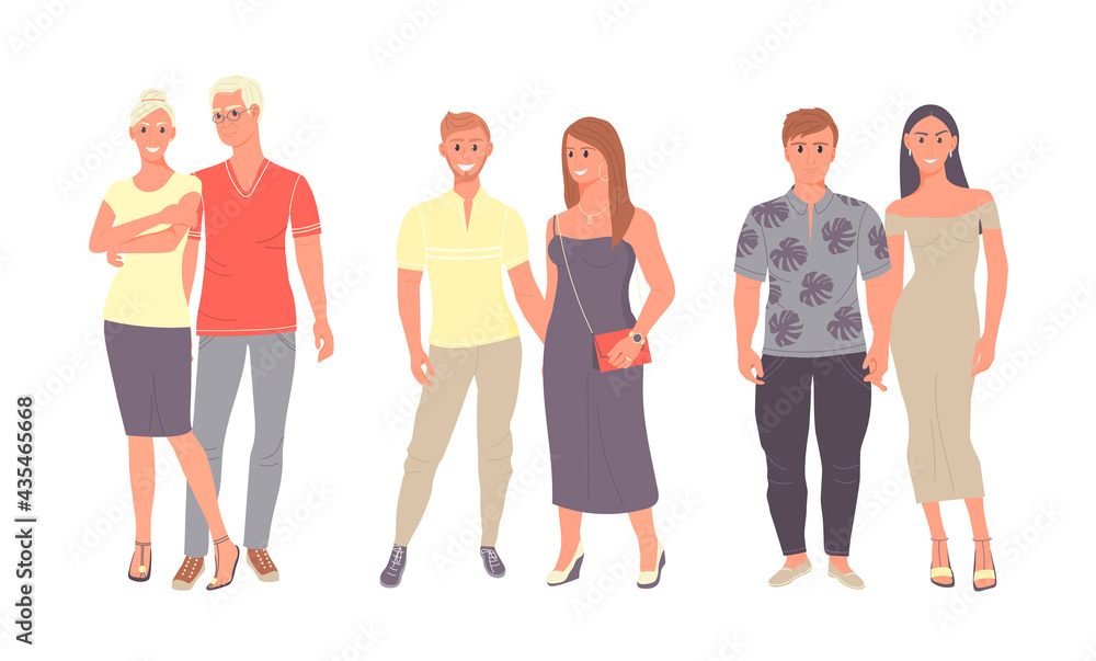 Diverse people age. Happy young men and women character set. Married couples of different ages.