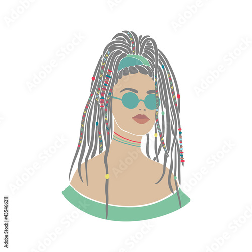 American woman braids set african drawn for design. Young lady portrait. Oriental people. Boho style. Vector drawing. Beautiful model face. Vector graphic illustration. Fashion print.