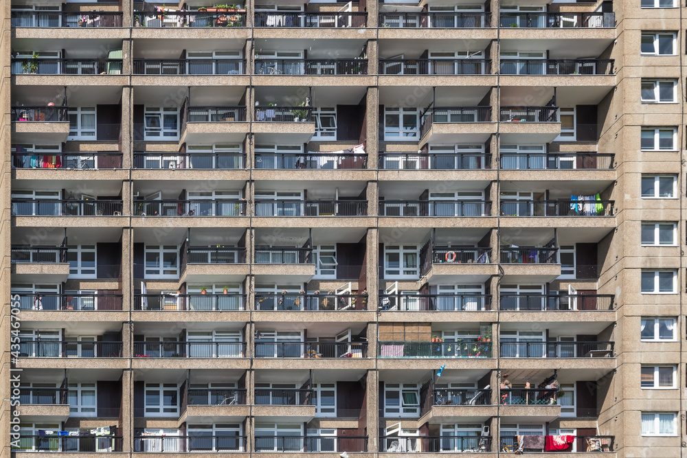 Facade of a Brutalist style tower block, Trellick Tower, in London, England Facade of a Brutalist style tower block, Trellick Tower, in London, England