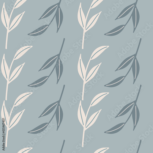 Hand drawn white and blue simple leaf branches silhouettes seamless pattern. Pastel background.