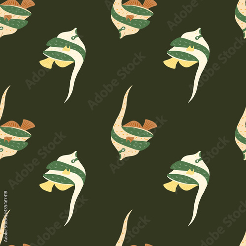 Exotic imperial angelfish elements hand drawn seamless pattern. Dark green olive background.