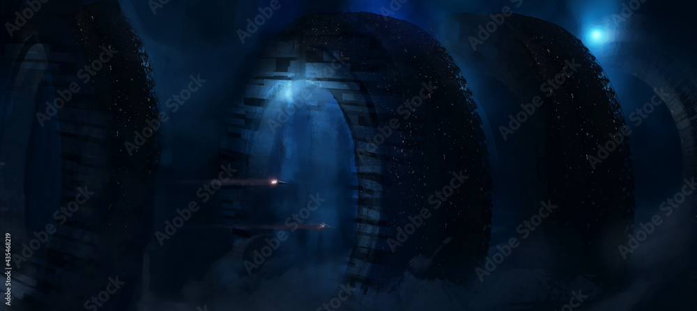 3d illustration of space ships flying through interplanetary rings deep in the galaxy - digital sci-fi painting