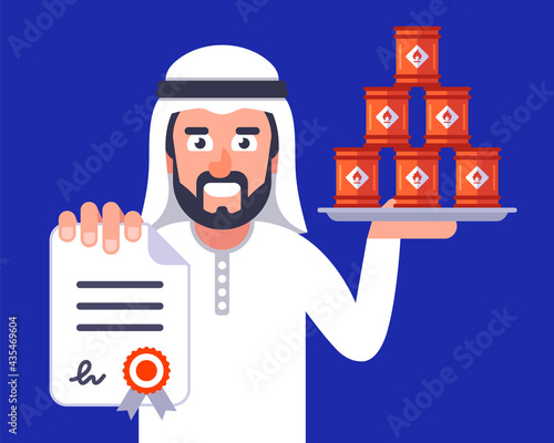 an Arab is negotiating for the supply of oil. flat vector illustration