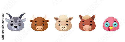 Cute farm animals heads set. Collection funny animals characters for kids cards, baby shower, birthday invitation, house interior. Bright colored childish vector illustration.