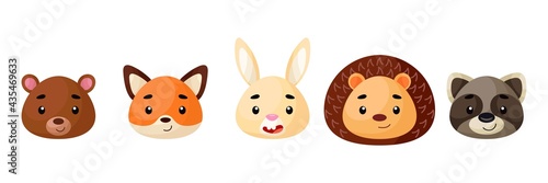Cute woodland animals heads set. Collection funny animals characters for kids cards, baby shower, birthday invitation, house interior. Bright colored childish vector illustration.