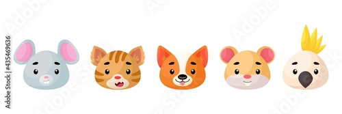 Cute pets animals heads set. Collection funny animals characters for kids cards, baby shower, birthday invitation, house interior. Bright colored childish vector illustration.