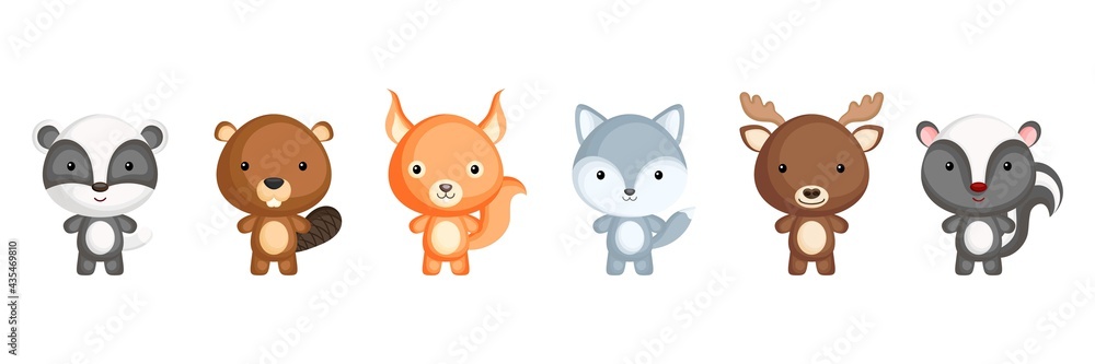 Fototapeta premium Collection of woodland little animals in cartoon style. Cute animals characters for kids cards, baby shower, birthday invitation, house interior. Bright colored childish vector illustration.