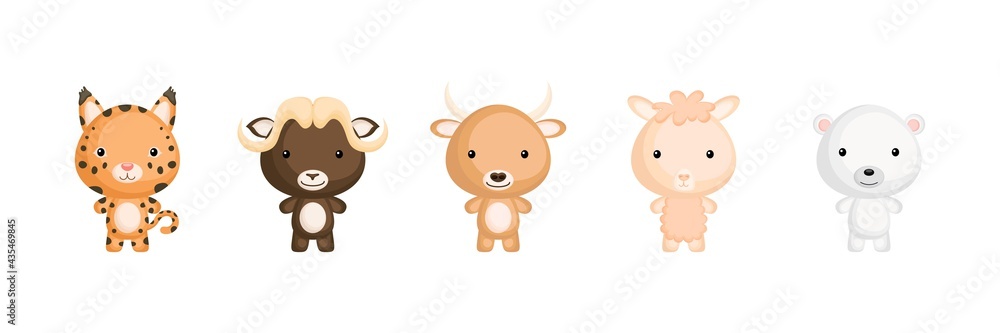 Collection of little animals in cartoon style. Cute animals characters for kids cards, baby shower, birthday invitation, house interior. Bright colored childish vector illustration. Collection of little animals in cartoon style. Cute animals characters for kids cards, baby shower, birthday invitation, house interior. Bright colored childish vector illustration.