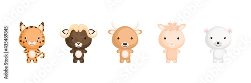 Collection of little animals in cartoon style. Cute animals characters for kids cards, baby shower, birthday invitation, house interior. Bright colored childish vector illustration.