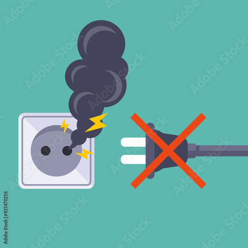 do not plug electrical appliances into a broken socket. flat vector illustration.
