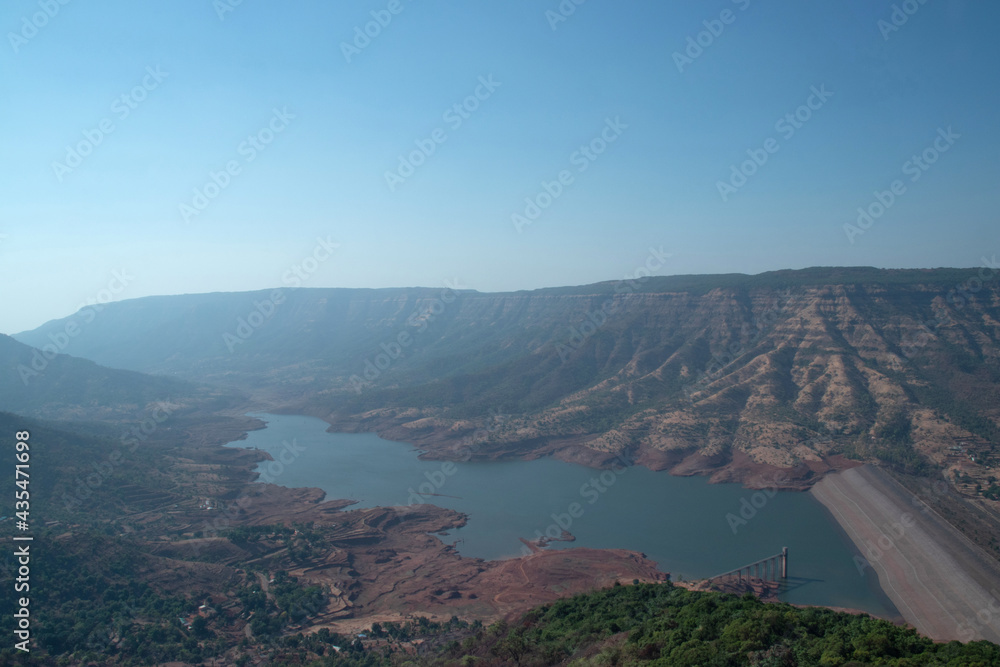Landscape of Kate's Point in Mahabaleshwar. 1280 meters from sea level and offers scenic view of the dam and reservoir below. Maharashtra, India