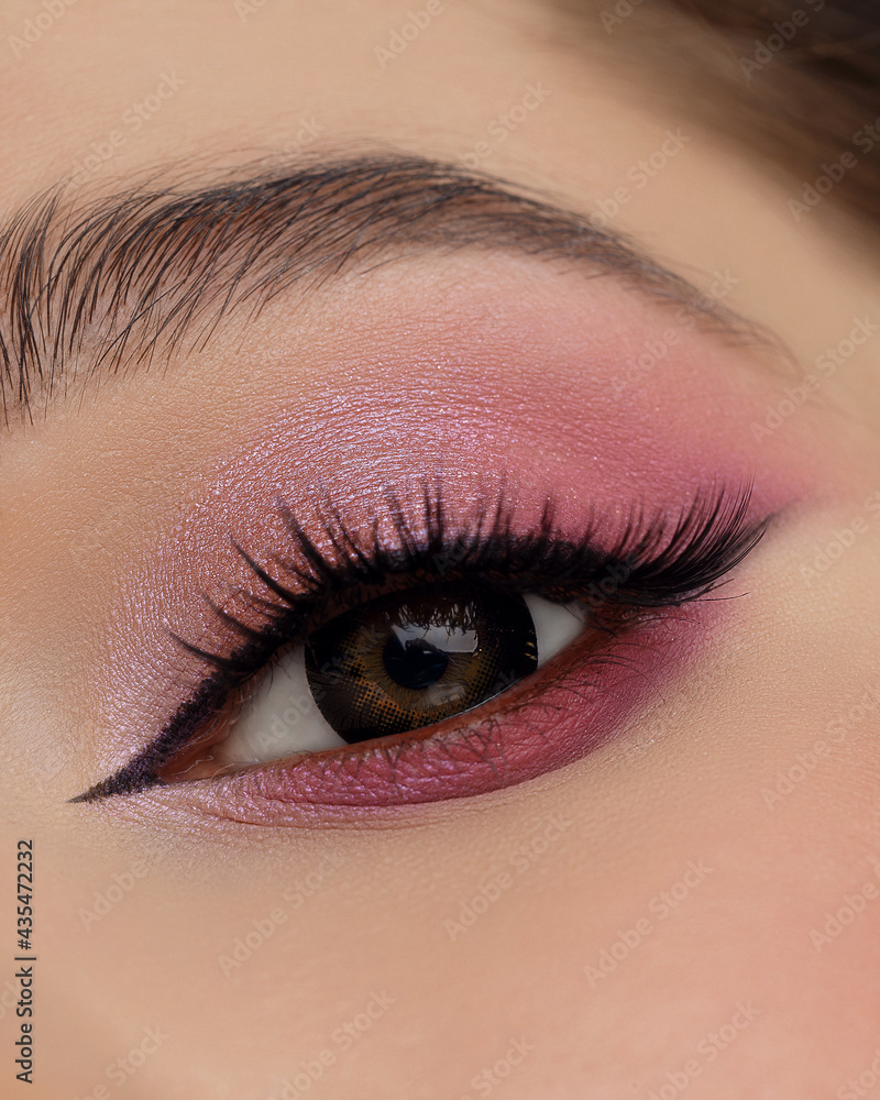 Obraz premium Beautiful macro shot of female eye make-up in pink smoky eyes style and arrow. Brown eye. Creative make-up. Perfect shape make-up and long lashes. Cosmetics. Beautiful eyes make-up. Close-up