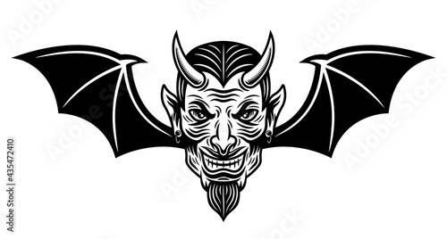 Devil head with bat wings vector illustration in monochrome tattoo style isolated on white background