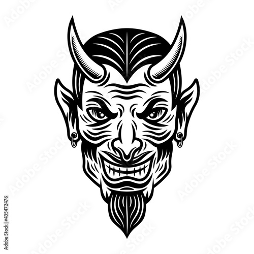 Devil or lucifer head vector monochrome illustration in vintage style isolated on white background